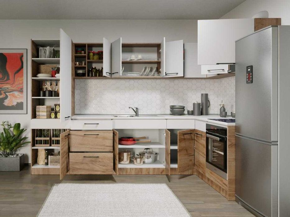 Set Mobila Bucatarie Colt Gastro 300*160 Alb/Stejar – C31
