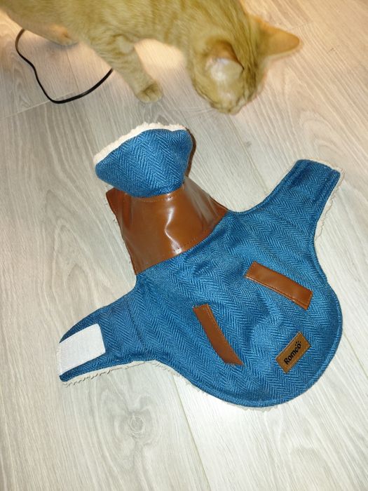Haină pentru câini  Romeo, albastru turcoaz și imitație piele, talie mica