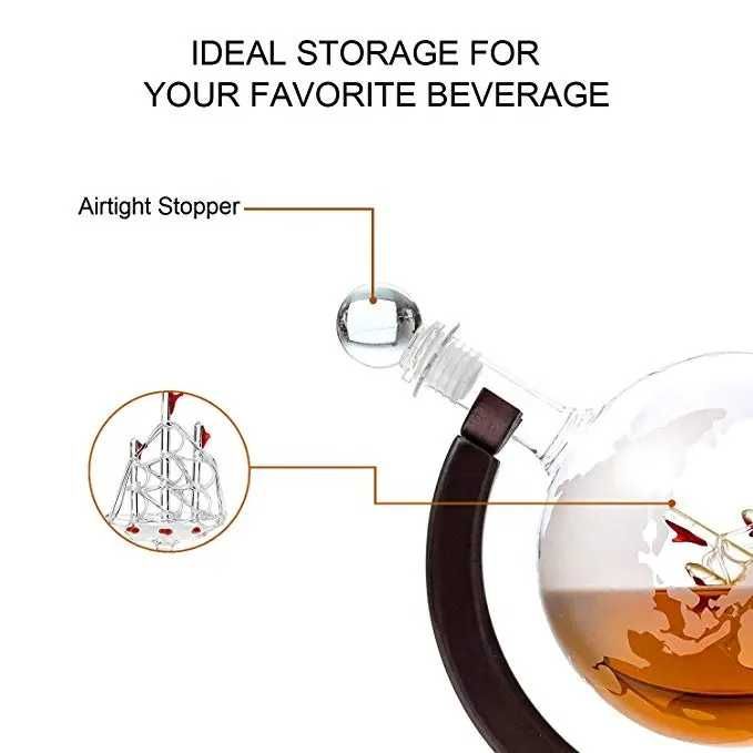 Комплект бутилка за алкохол с 4 чаши, Глобус, диспенсър уиски подарък