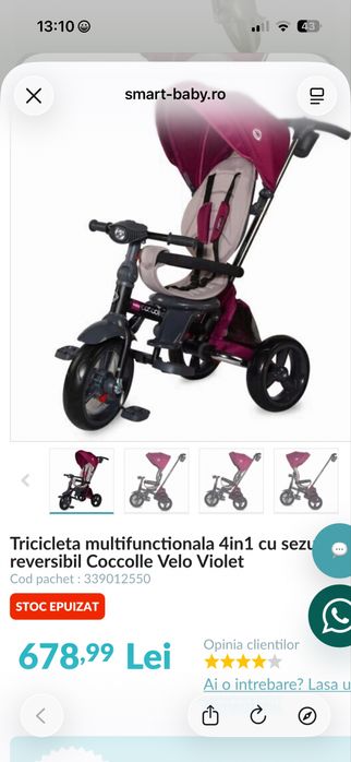 Tricicleta multifunctionala 4in1 cu sezut reversibil Coccolle Velo Violet