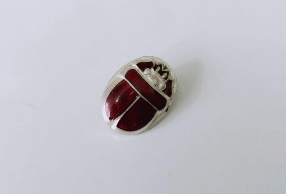 Vechi nasture argint 925 buton scarabeu cu email rosu Anglia