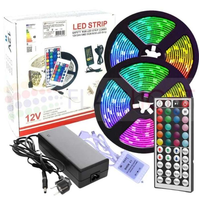Комплект 10 м RGB цветна LED лента SMD5050 с дистанционно с 44 бутона и адаптер
