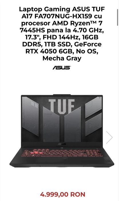 ASUS TUF GAMING 17” Ryzen 7445HS RTX 4050 (schimb cu PC)