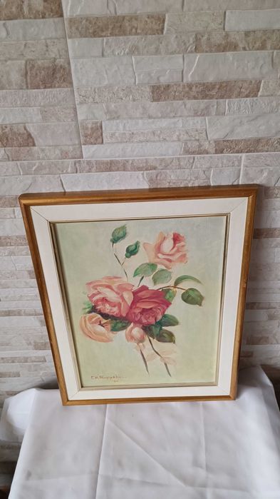 Стара картина "Flowers" - масло върху платно - 49/38см