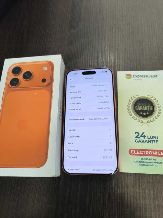 iPhone 17 Pro 256GB 100% Bateria (ag24 Harlau b.46110)-Garantie 2 ani!