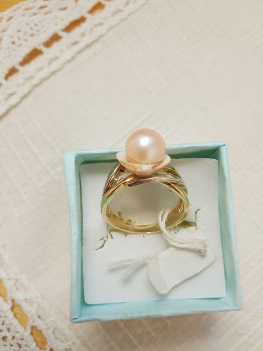 Пръстен,14 К,бяло,жълто златоРозова перла/ Мида,уникален,ръчен модел