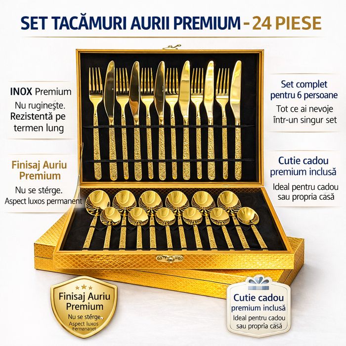 Set tacamuri aurii din inox, finisaj premium, 24 piese, pentru 6 persoane, cutie cadou inclusa, Craft