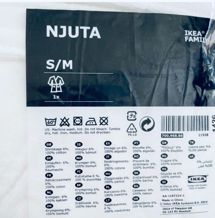 Halat baie IKEA unisex nou,sigilat,S/M, bumbac 100%, alb/negru
