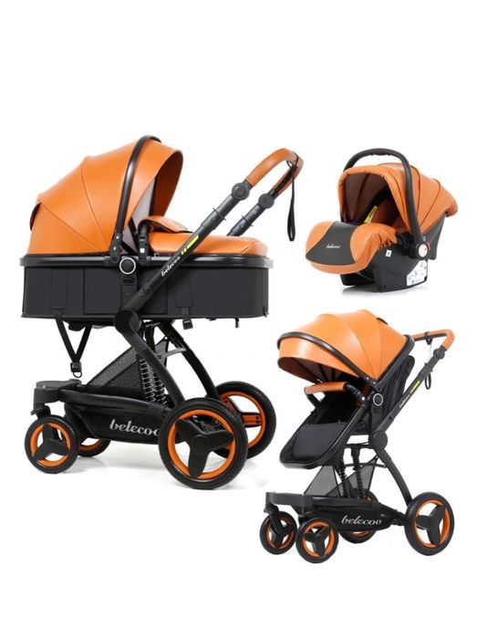 Коляска трансформер 3в1 Belecoo X6 экокожа рыжая