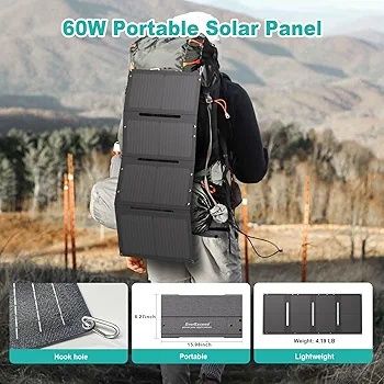 Portable Solar Panel, 60W Foldable with USB-A, USB-C and DC output