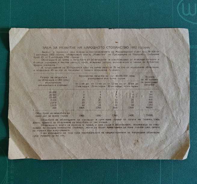 Лот 2 бр. автентични облигации 1952 г., 20 лв. (близки номера)
