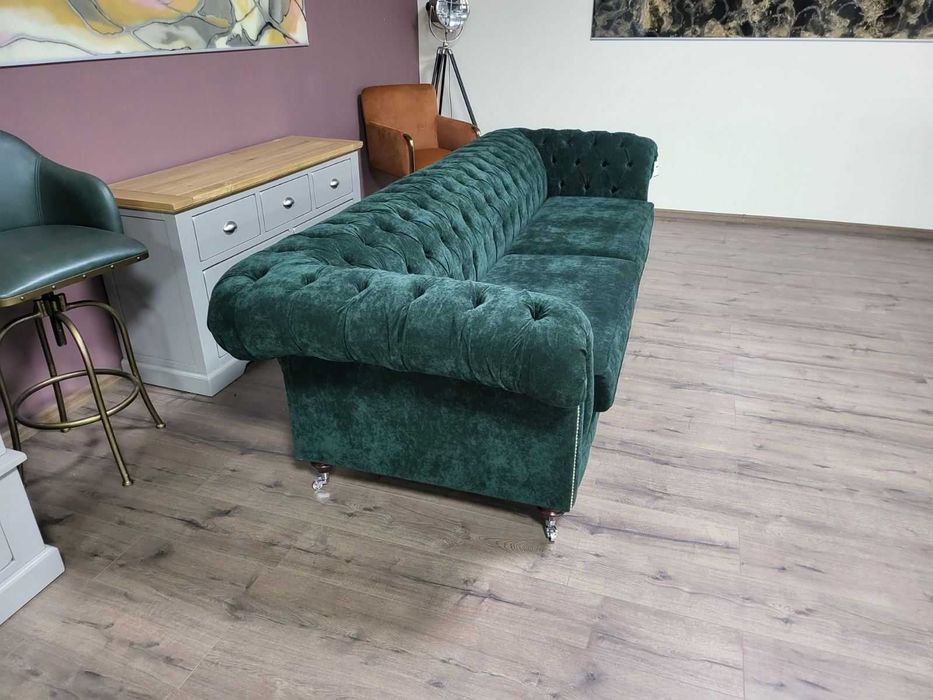 Голям зелен диван от плат Честърфийлд - четворка