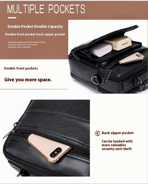 Мъжка елегантно/практична и голяма бизнес чанта/Черна естествена кожа