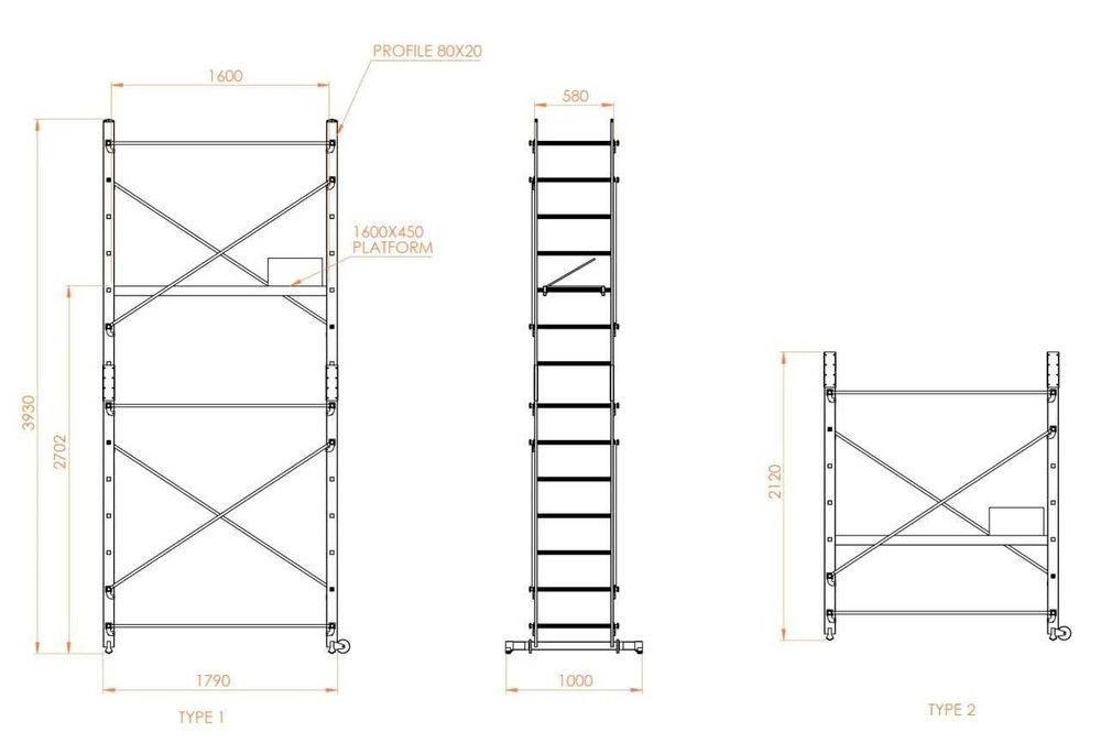Schela aluminiu mobila 2x2(m), inaltime de lucru 4,7m, platforma 1,6x0,45(m), max. 150kg - CNO-SME-ADDY5M