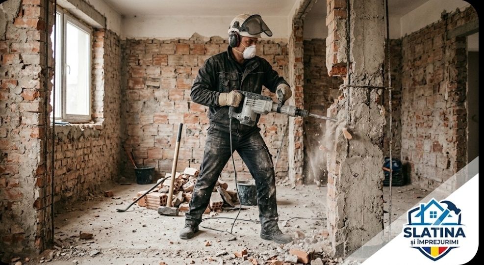 Demolări decopertari interioare apartamente , spatii , evacuare moloz / mobilier , faianță,gresie, sape, sanitare  , tâmplărie rigips  spart beton ins