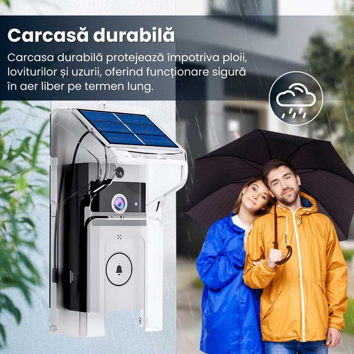 Sonerie Video Wireless Smart cu Camera HD, Panou Solar si Carcasa Protectie WiFi Detectie Miscare, Notificari, Night Vision, Water Resist, 38 Tonuri