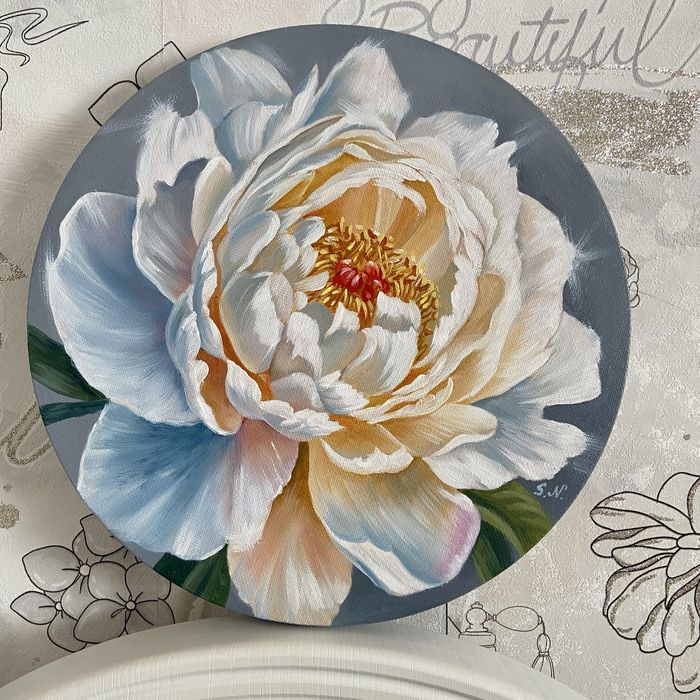 Картина маслом “Белый пион”