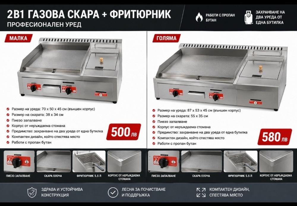 Професионална газова скара + фритюрник 2в1 – чисто нови