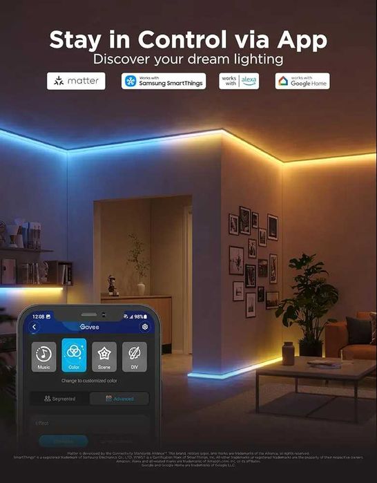 RGBIC LED лента Govee h61b5 с дифузерни канали 5 метра за вграждане