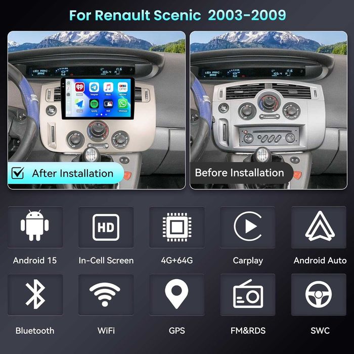 Мултимедия за Renault Scenic, 2003-2009, Android, Навигация, Waze, Carplay, Андроид, двоен дин, Renault Scenic
