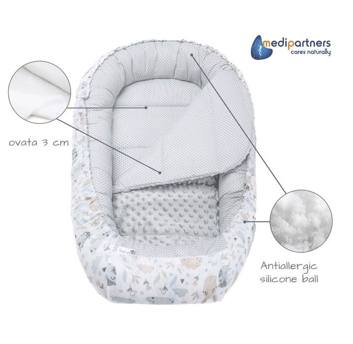 Set de 5 piese Cosulet bebe, Medi Partners, Model Poiana cu animale, cu insertie detasabila, Perna fluture, patura, perna plata, 100x60x15cm, Gri/Bej