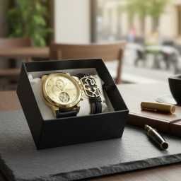 Елегантен мъжки комплект - часовник с черна каишка и гривна с метален