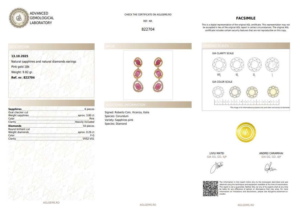 Pereche de cercei Roberto Coin din aur roz, decorată cu safire roz și diamante