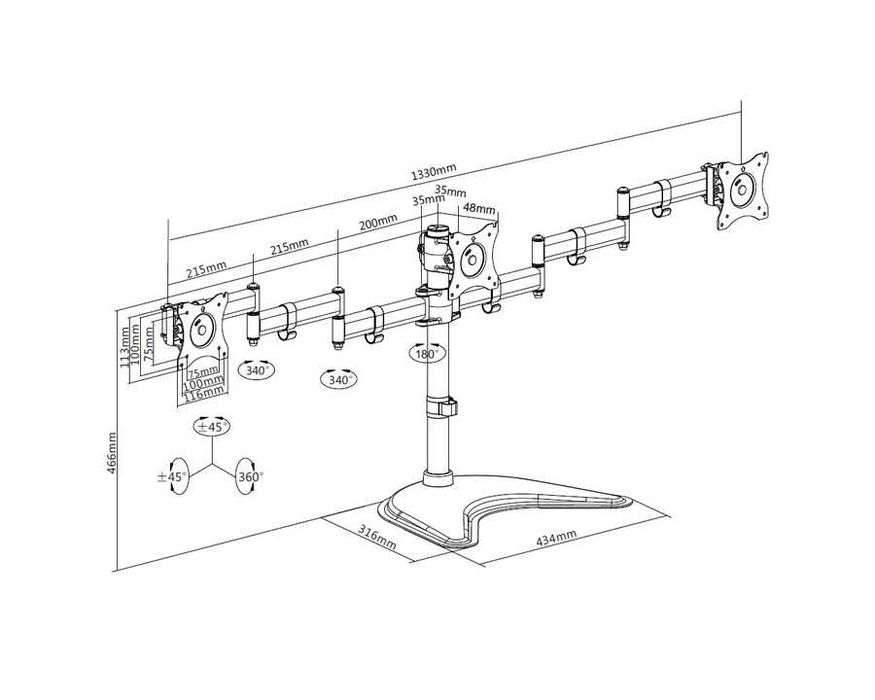 Stand 3 monitoare de birou, Multibrackets, 15"-27", max. 8kg, negru