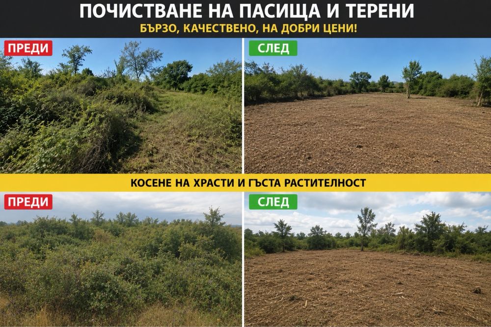 Почистване на пасища и терени. Мулчиране и косене. Бързо и  изгодно