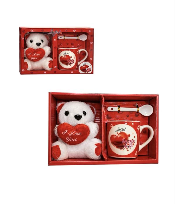 Ursulet de plus 11 cm si cana 7x7cm cu lingurita de ceramica in cutie