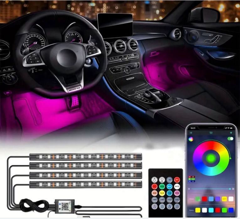 Kit Banda Led Rgb Interior Auto Lumini Ambientale picioare  48 Led