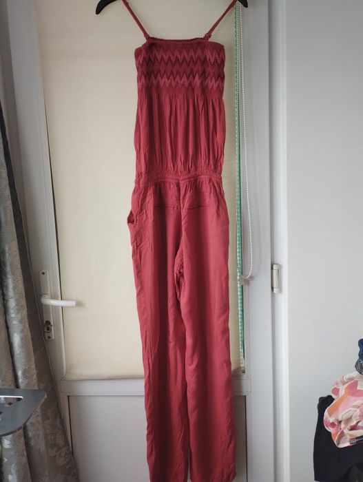Salopeta vara rosu cărămiziu Xside,bust încrețit cu elastic,pantalon cu croiala larga