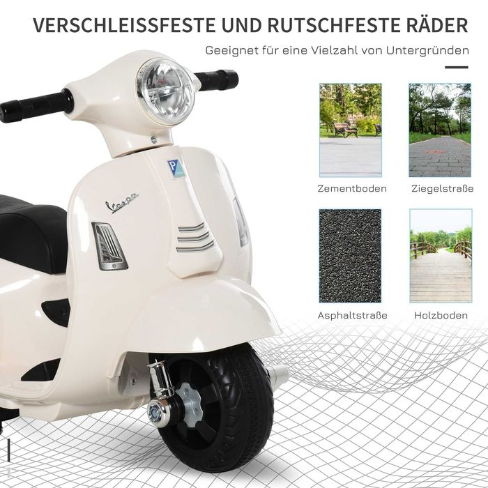 HOMCOM Електрически мотоциклет за деца, Vespa 6V електрически мотоциклет с помощни колела