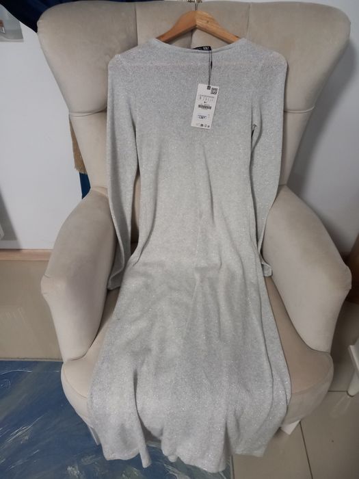 Rochie lunga de cocktail Zara cu sclipici argintiu mărimea S