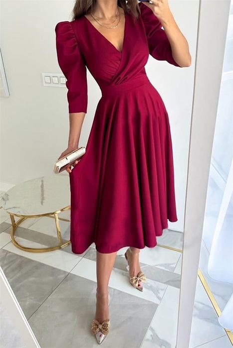 Rochie midi eleganta Burgundy / Bordo / Visinie, marime S