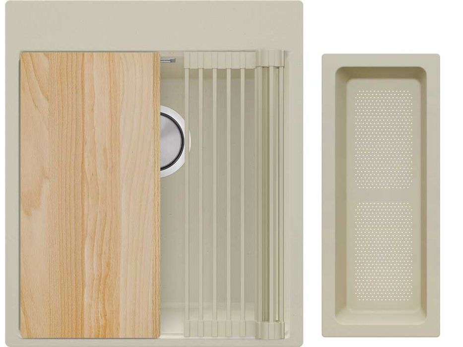 Бежова гранитна мивка + медни аксесоари – ЛУКС КОМБИНАЦИЯ