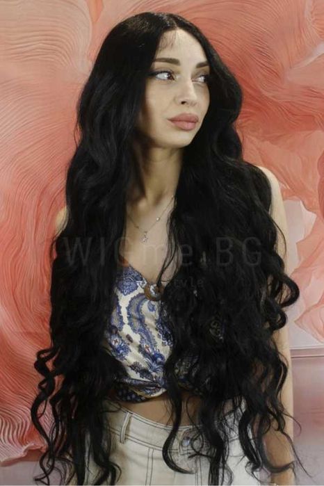 Дълга черна къдрава лейс фронт перука Касимира