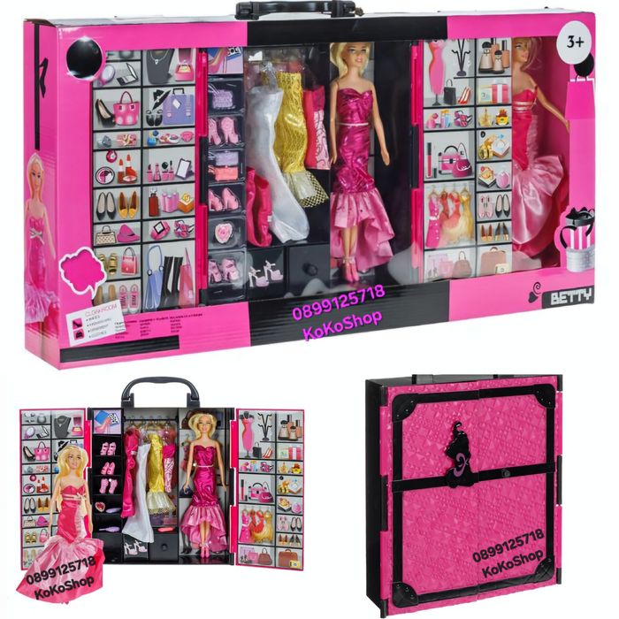 Гардероб с две кукли,рокли,обувки и чанти/гардероб с кукли/рокли/чанти