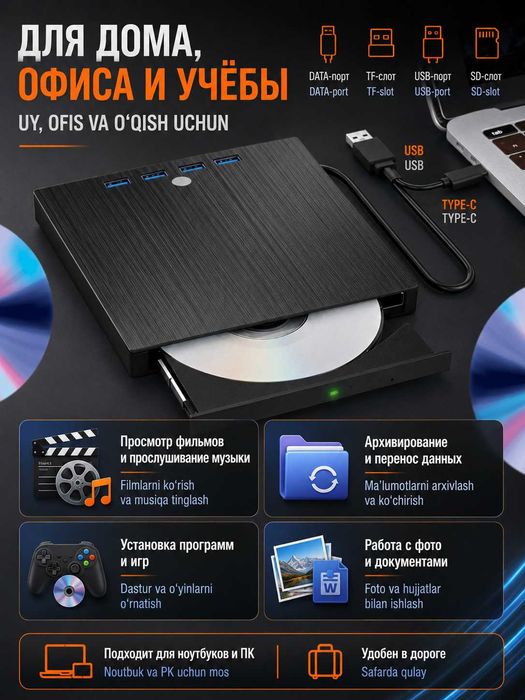 Внешний дисковод DVD-RW, DVD-ROM, CD-ROM 8в1. USB-хаб высокая скорость