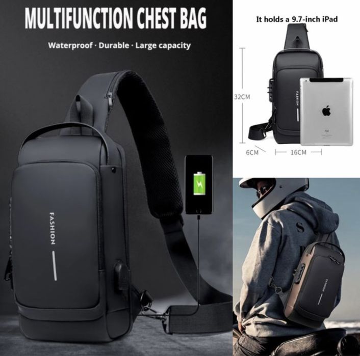 мъжка чанта непромокаема паласка многофункционална мотор USB слот