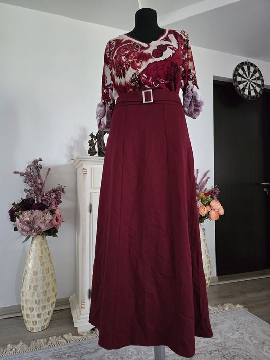 Fusta maxi burgundy, superba, curea proprie in talie
