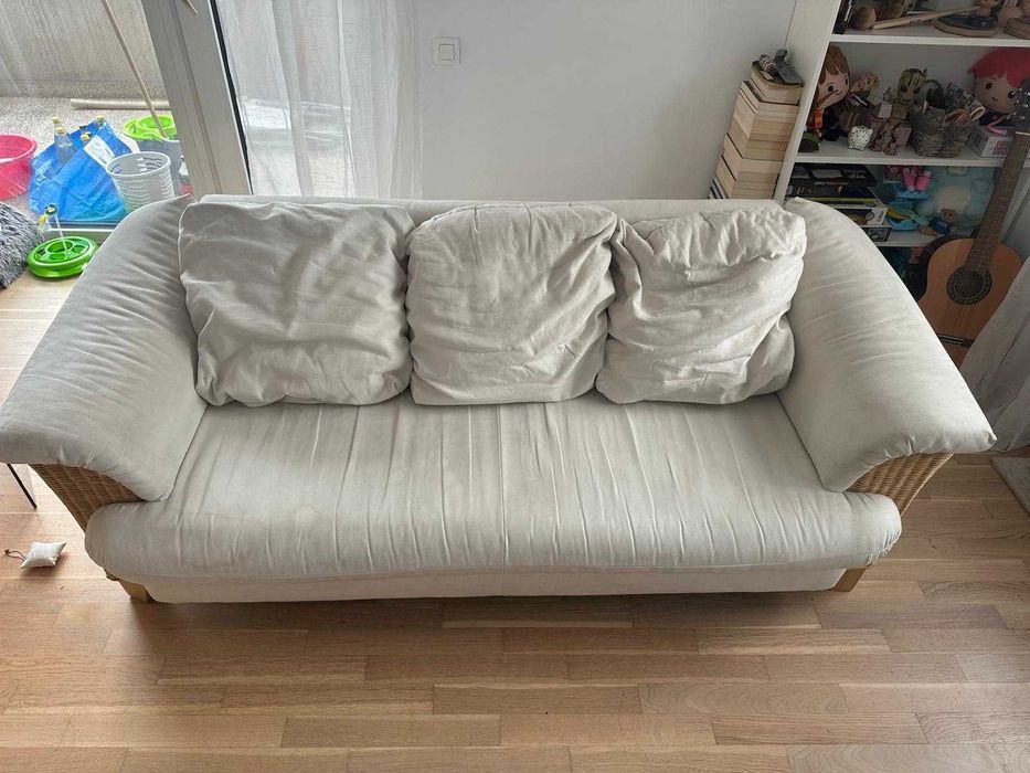 Caneapea si fotoliu cu laterale țesute din ratan natural