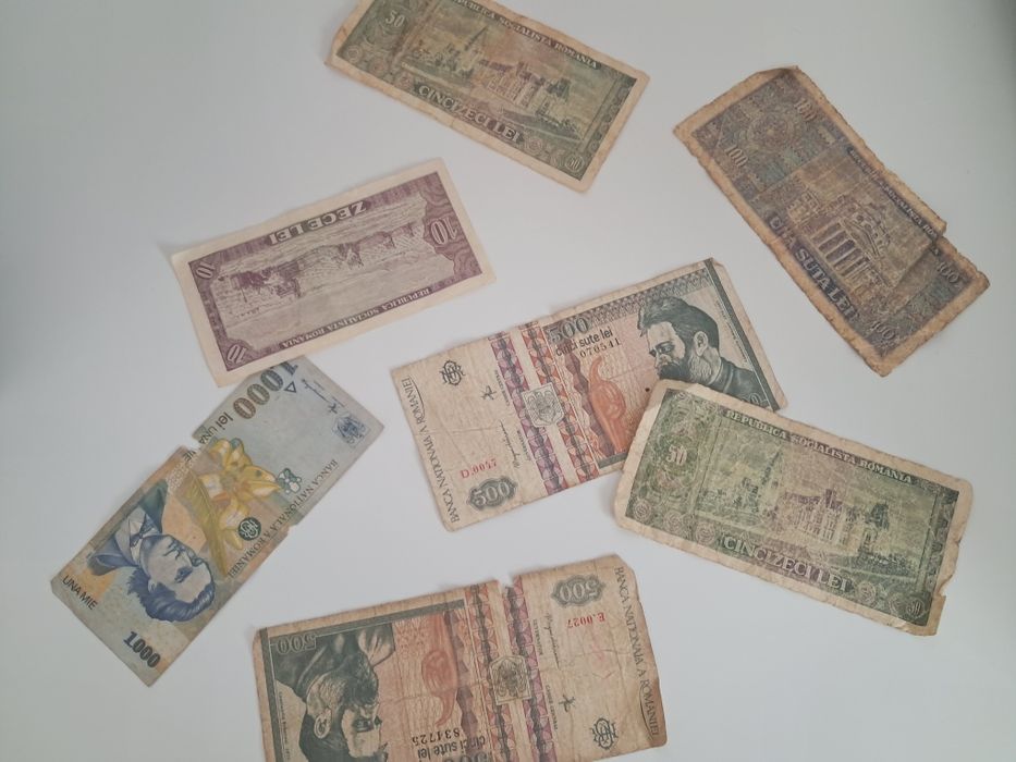 Lot 7 bancnote vechi românești (Perioada Socialistă RSR și anii '90)