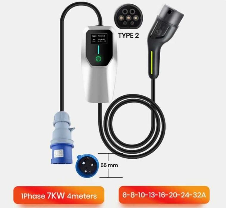 Зарядна станция за електромобили - 7kW, TÜV Germany, 4 метра, нова