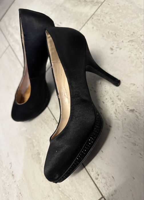 Pantofi stiletto negri din satin, mărimea 35, toc 9 cm