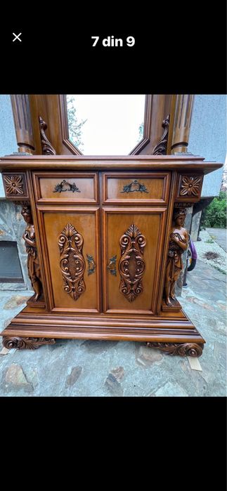 Consola hol dulap cu statuiete cu oglinda lemn sculptat !