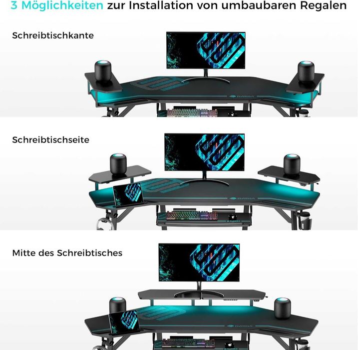 Masa Birou Gaming EUREKA ERGONOMIC 182x76 cm cu LED – Nou