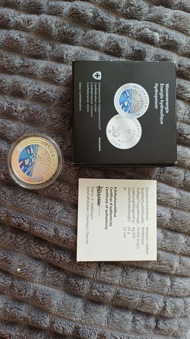 Swissmint 20 CHF Hydropower 2021 Silver Proof – цветна швейцарска колекционерска монета