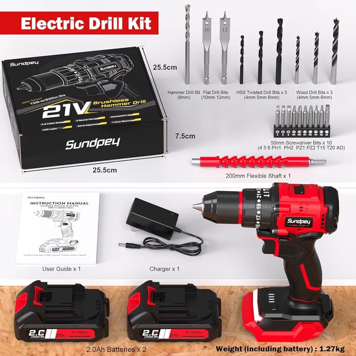 Sundpey Cordless Power Drill Set - 620in-lbs 23+3 Brushless Electric Drill