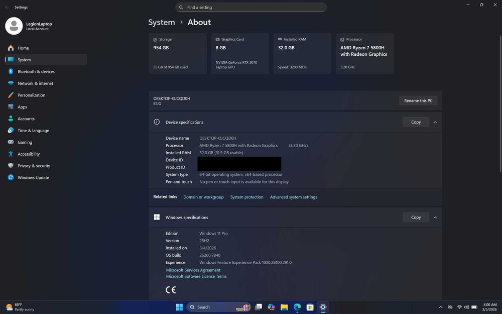 Lenovo Legion 5 Pro, RTX 3070 8 GB, Ryzen 7 5800H, 32 GB RAM, 1 TB SSD